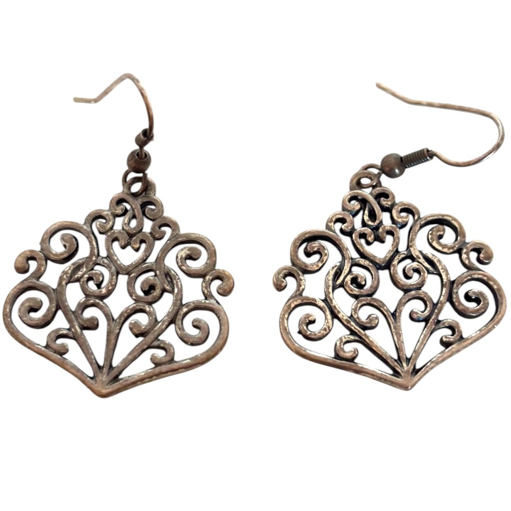 Vintage Style Bronze Filigree Heart Scroll Drop Earrings Boho Antique Finish